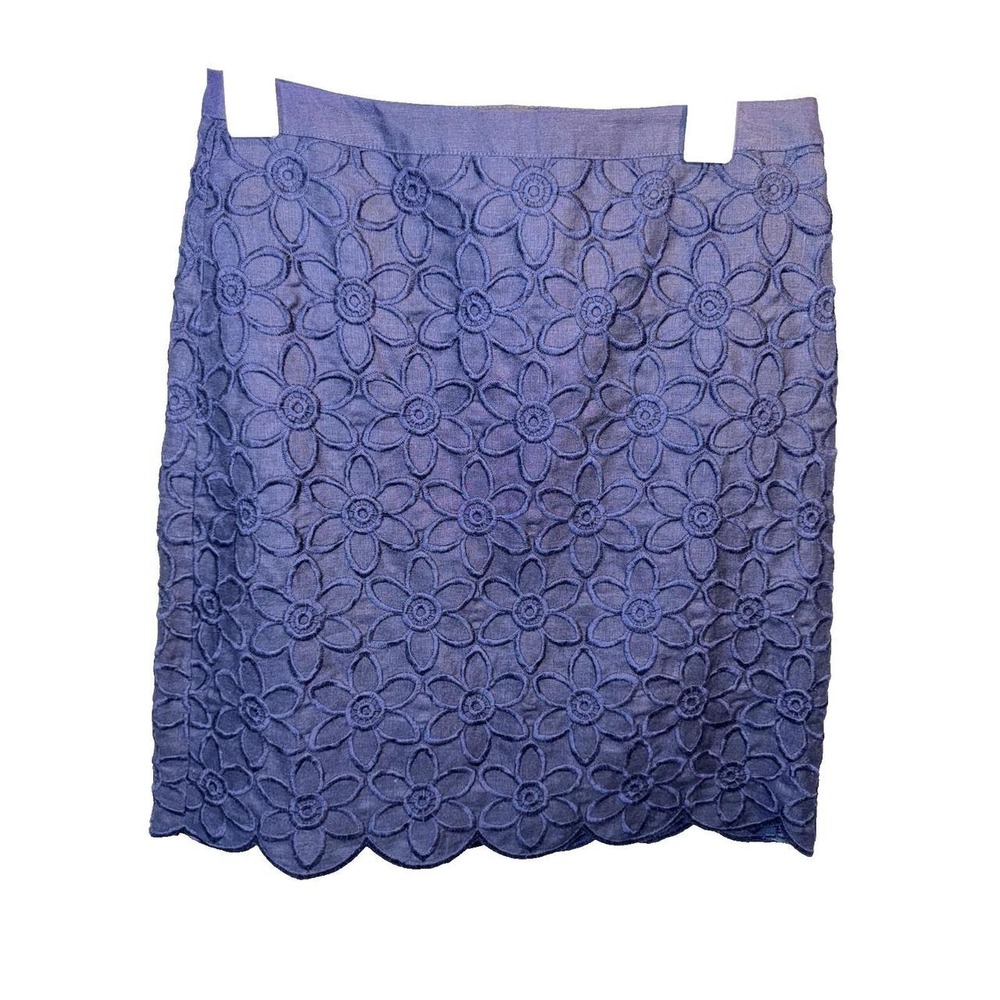 Talbots Navy Blue Linen Embroidered Floral Scalloped A-Line Skirt 4P Petite NWT